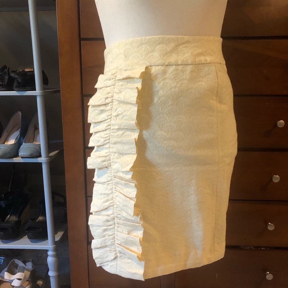 Cream Ruffle-Trim Pencil Skirt